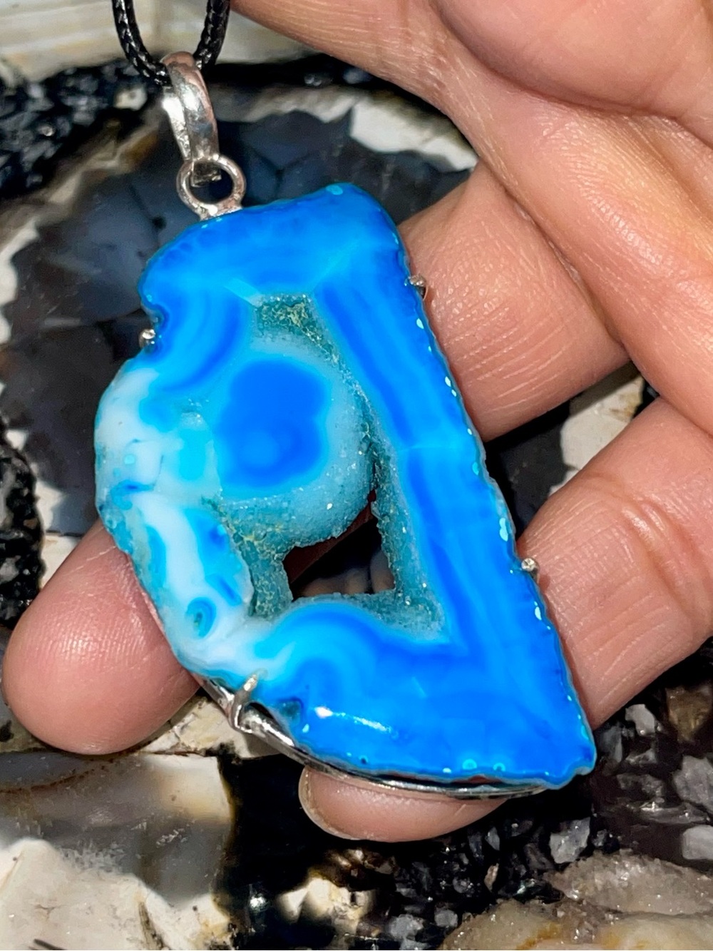 Vibrant Blue Agate Geode Slice Drusy  Pendant 2 1/2”